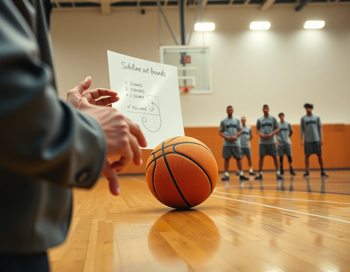 Close-up of hands guiding sideline out of bounds plays on a whiteboard as basketball players watch basketball.