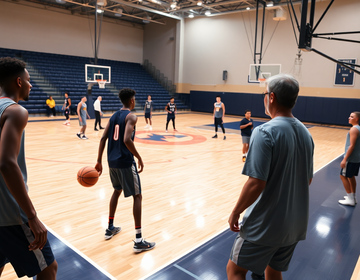 Wide shot shows sideline out of bounds plays being rehearsed by basketball players during a basketball practice.