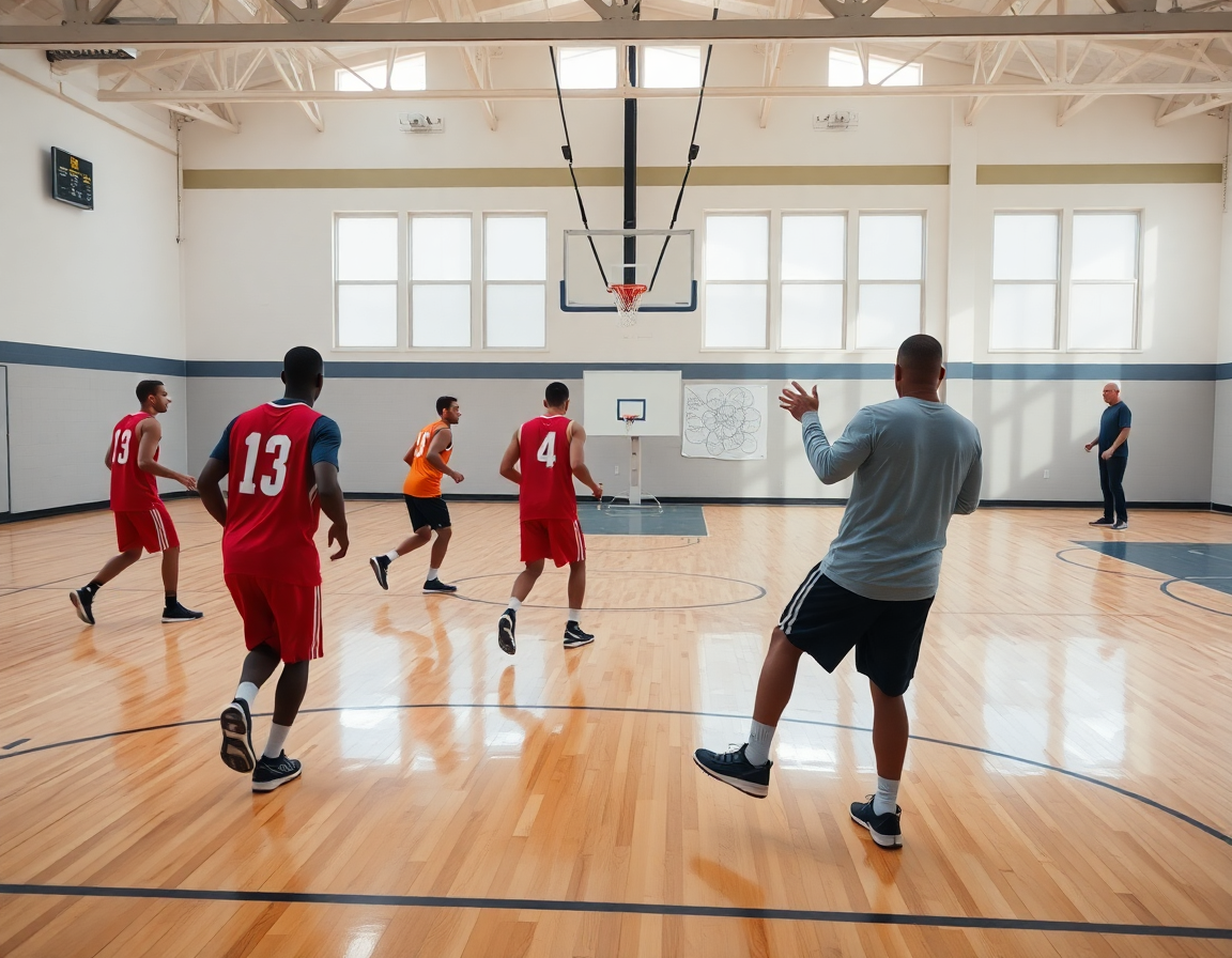 Players practice a box formation drill on the hardwood basketball court while the coach directs simple basketball plays.