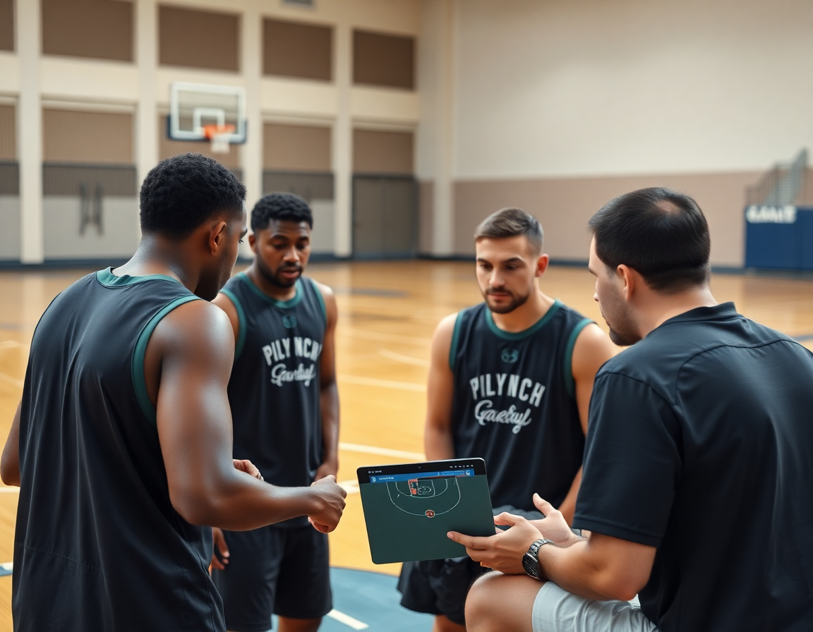 Players study basketball clips after practice as the coach highlights simple basketball plays and three-on-three options.