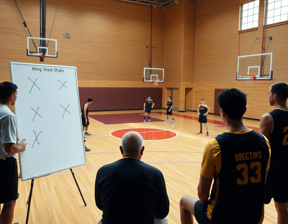 Three players practice stack offense in basketball with wing, dribble, and post entries on court.