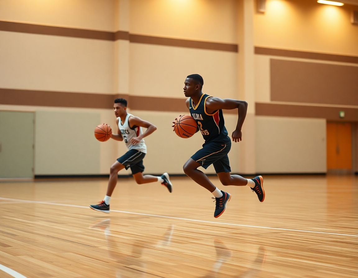 Players running a fast-break drill in practice