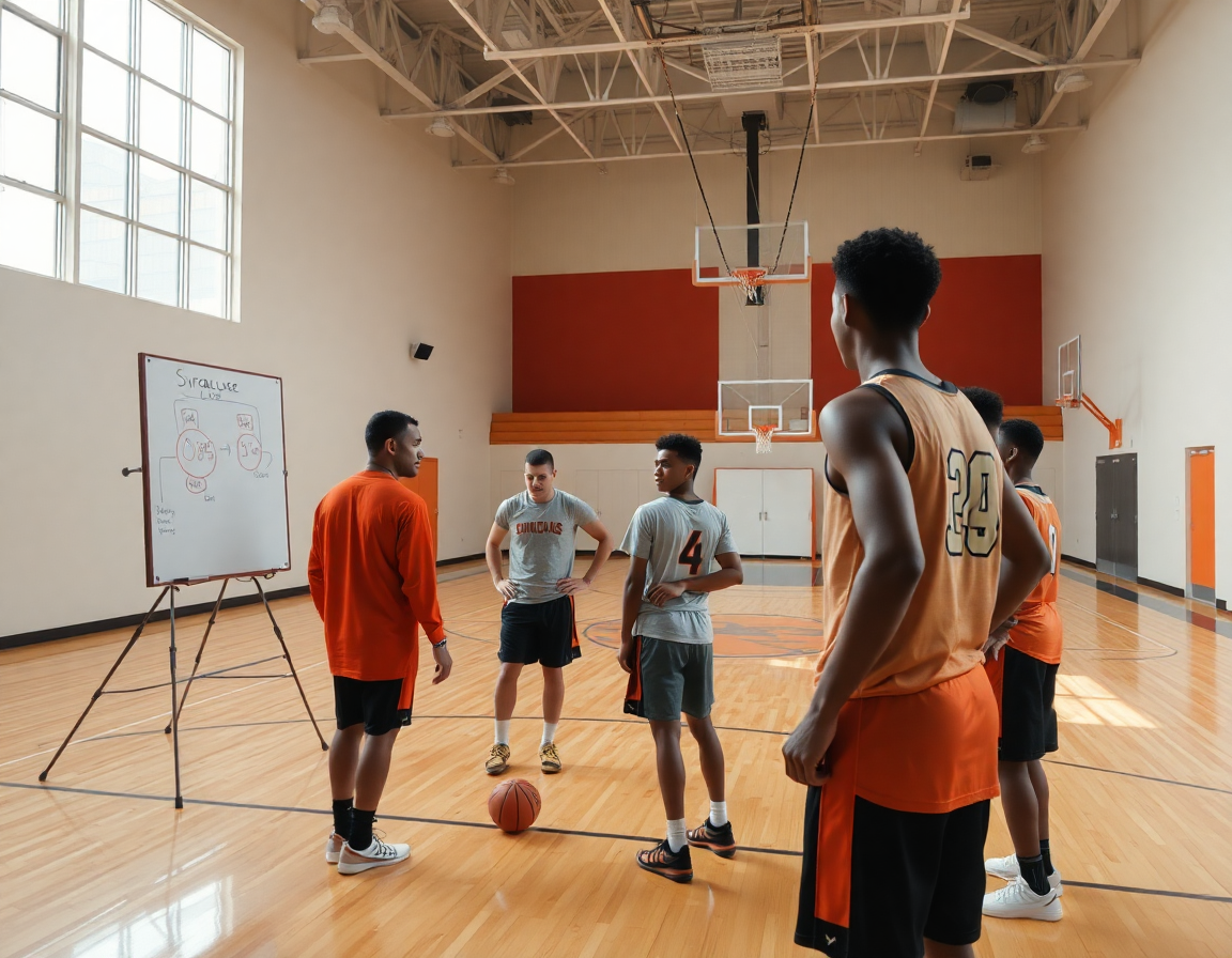 Close-up of coach and players practicing syracuse zone defense on a basketball court.