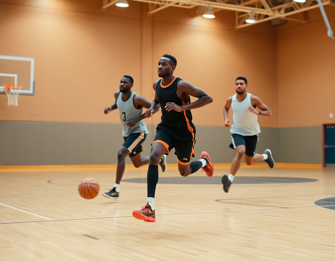 Players running a fast-break drill in practice