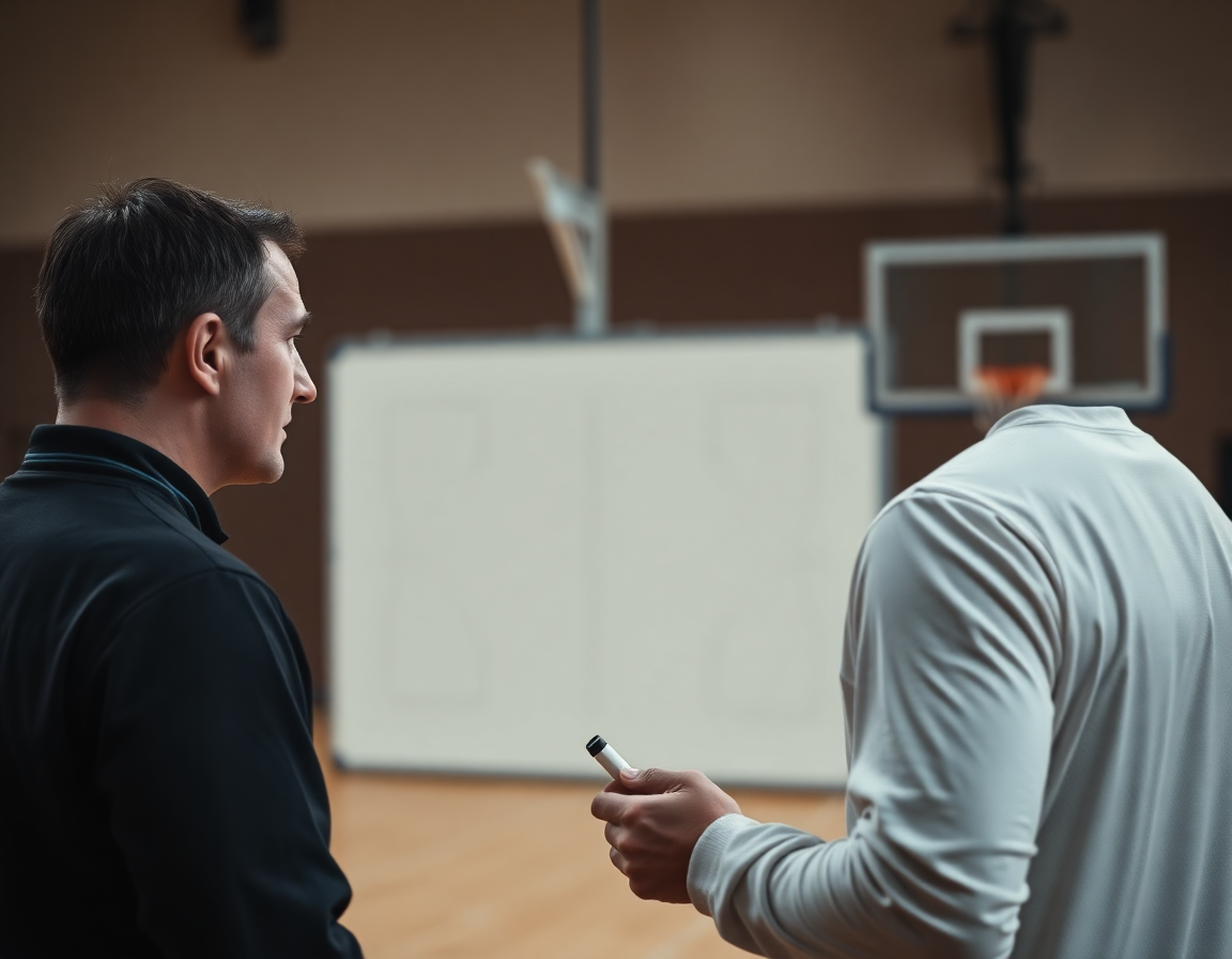 Coach explaining tactics on a gym whiteboard