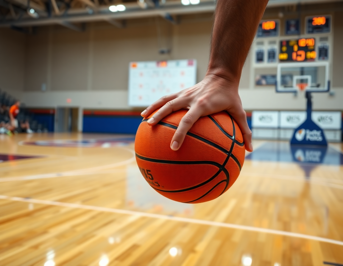 Close-up on hands gripping an orange basketball during top basketball drills.