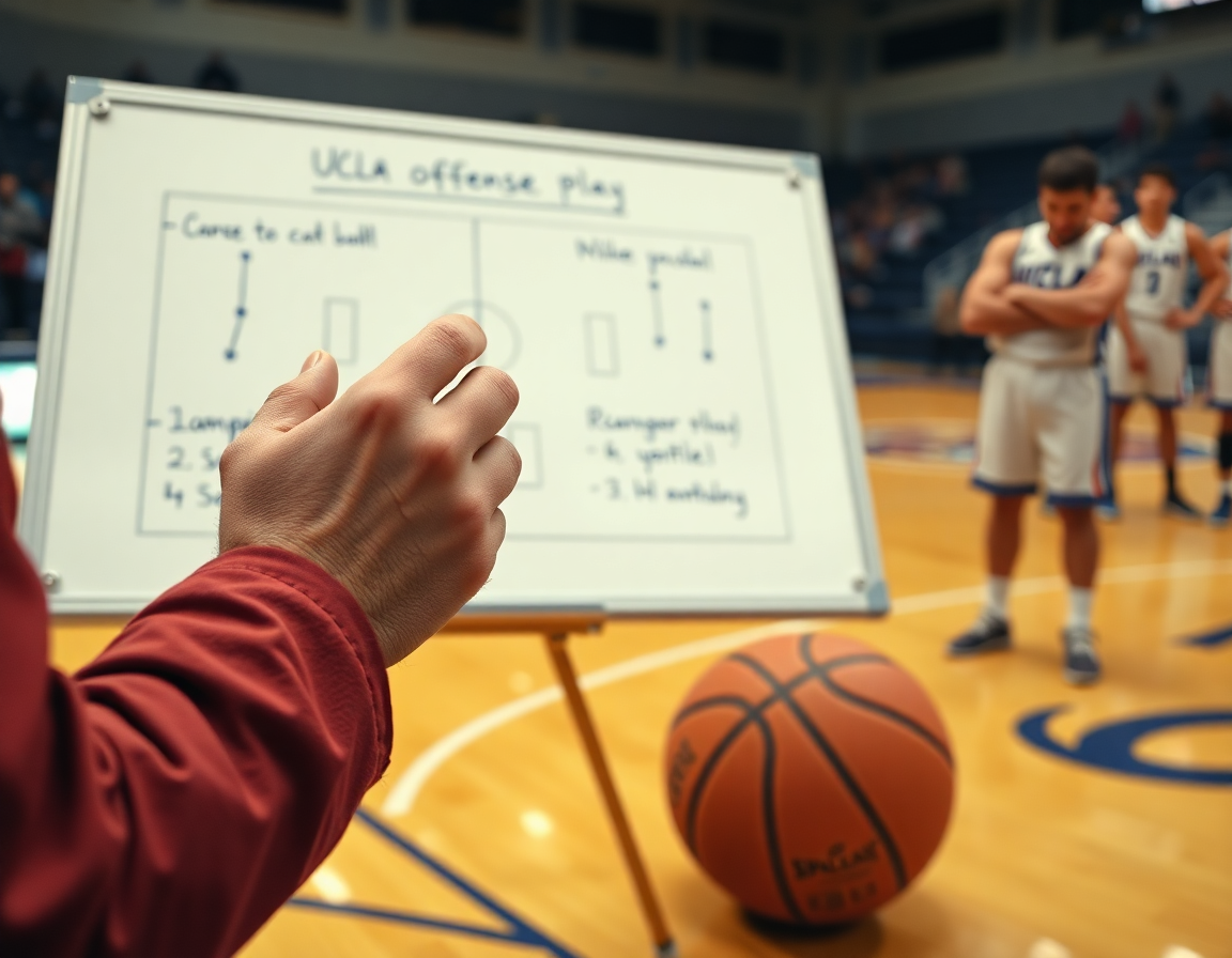 Close-up on coach's hands and a whiteboard detailing ucla offense basketball play, with a basketball on the hardwood.