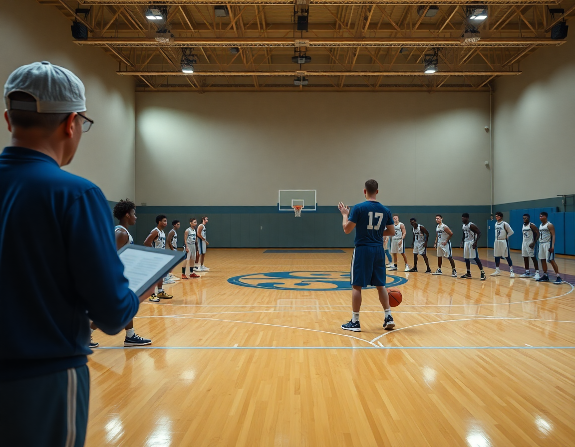 Players spread across the hardwood practicing spacing under a coach's guidance on ucla offense basketball.