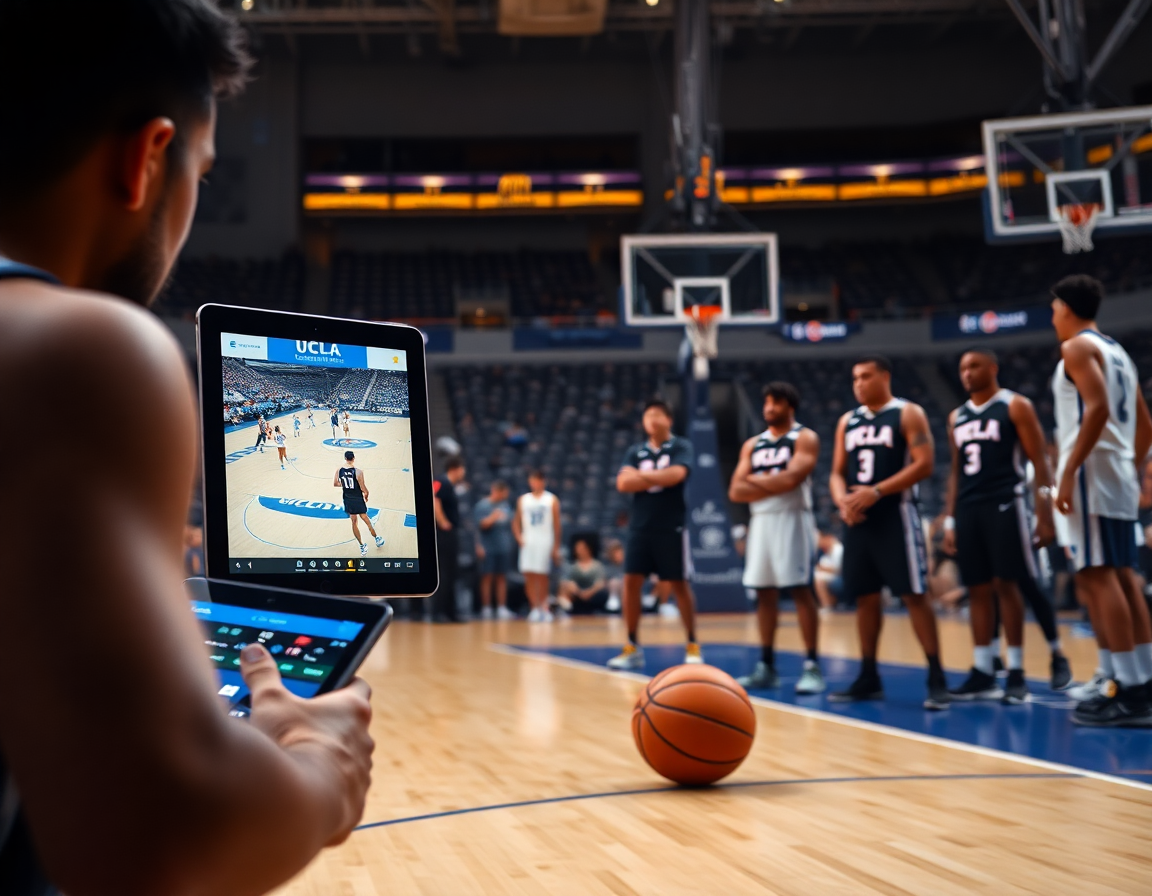 Tablet review of ucla offense basketball clips for players on the hardwood.
