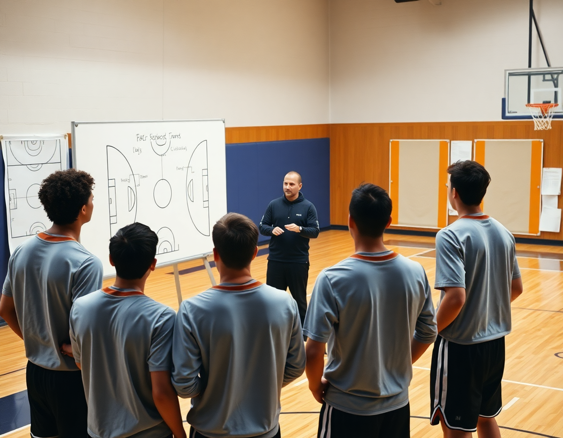 Coach planning on a whiteboard beside blank basketball court templates on the wall.
