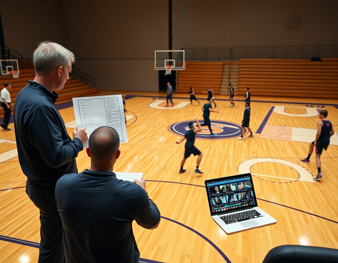 Coaches review scouting notes beside blank basketball court templates while a laptop shows clips.