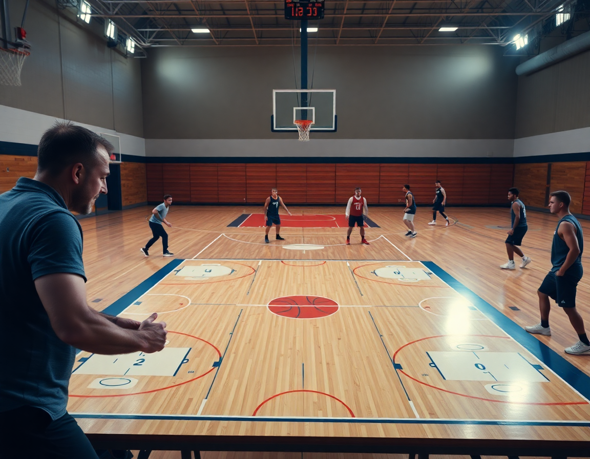 Coach organizes five blank basketball court templates on a table for a five-day basketball workflow.