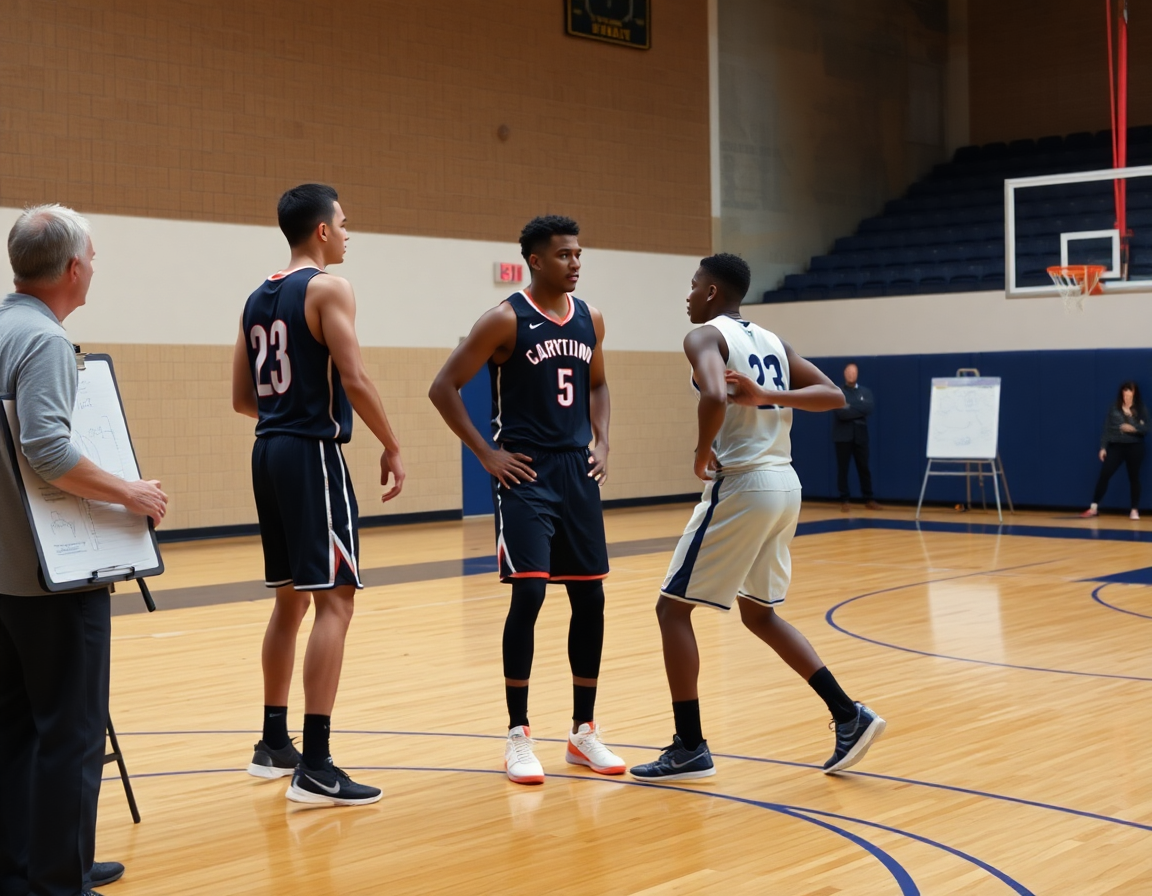 Close-up of two players executing a basketball drill during practice.