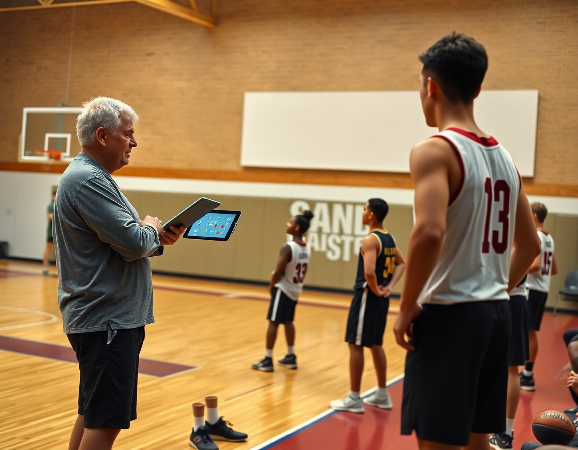 Coach and assistant review basketball plays on a tablet beside the court.