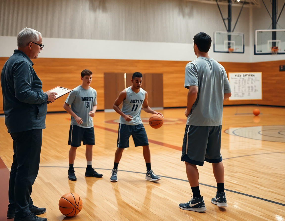 Close-up on a hardwood basketball court practicing basketball flex offense entry points under a coach's clipboard.