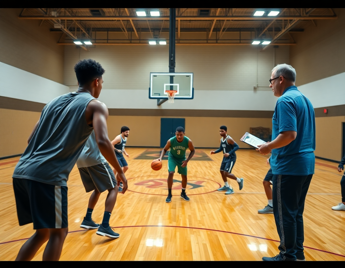 On the hardwood, basketball players execute a flex offense screen as a basketball coach observes.