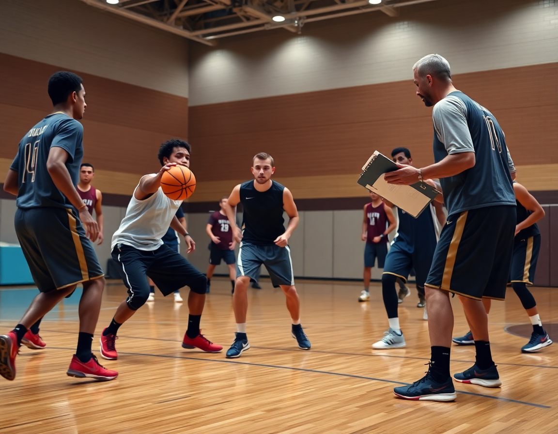 Defenders disrupt the basketball flex offense while offense adjusts during a hardwood drill.
