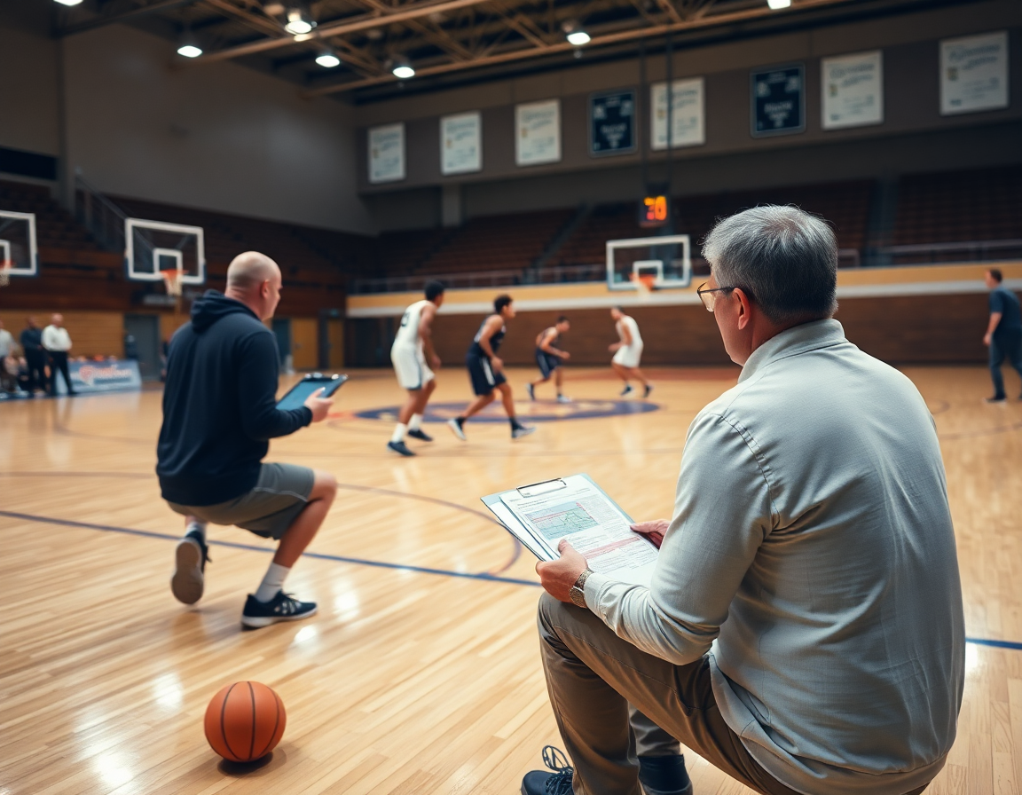 Coach reviews scouting pick and roll basketball plays with players on hardwood.