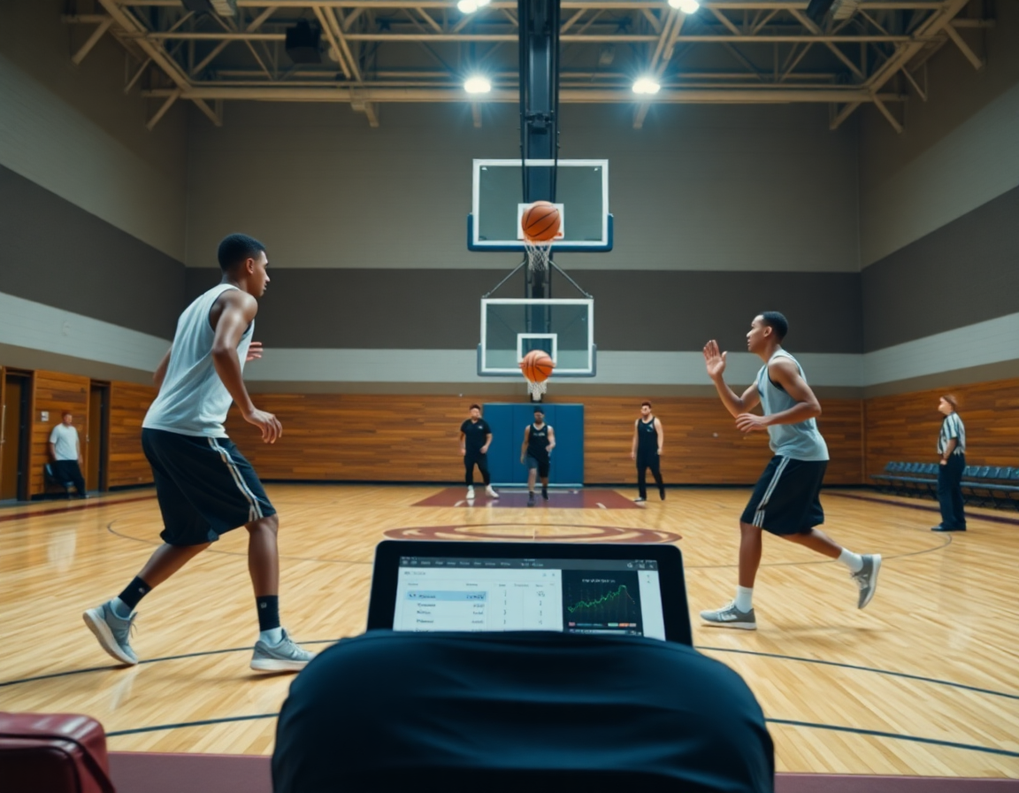 Closeup of players and coach using a basketball coach app during a basketball drill.