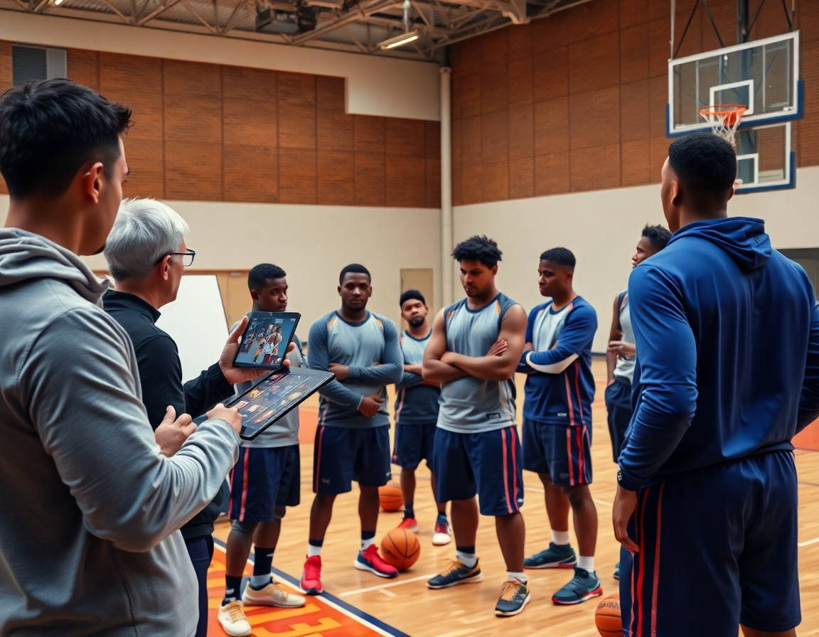 Coach explains a basketball play using a tablet and whiteboard during basketball practice.