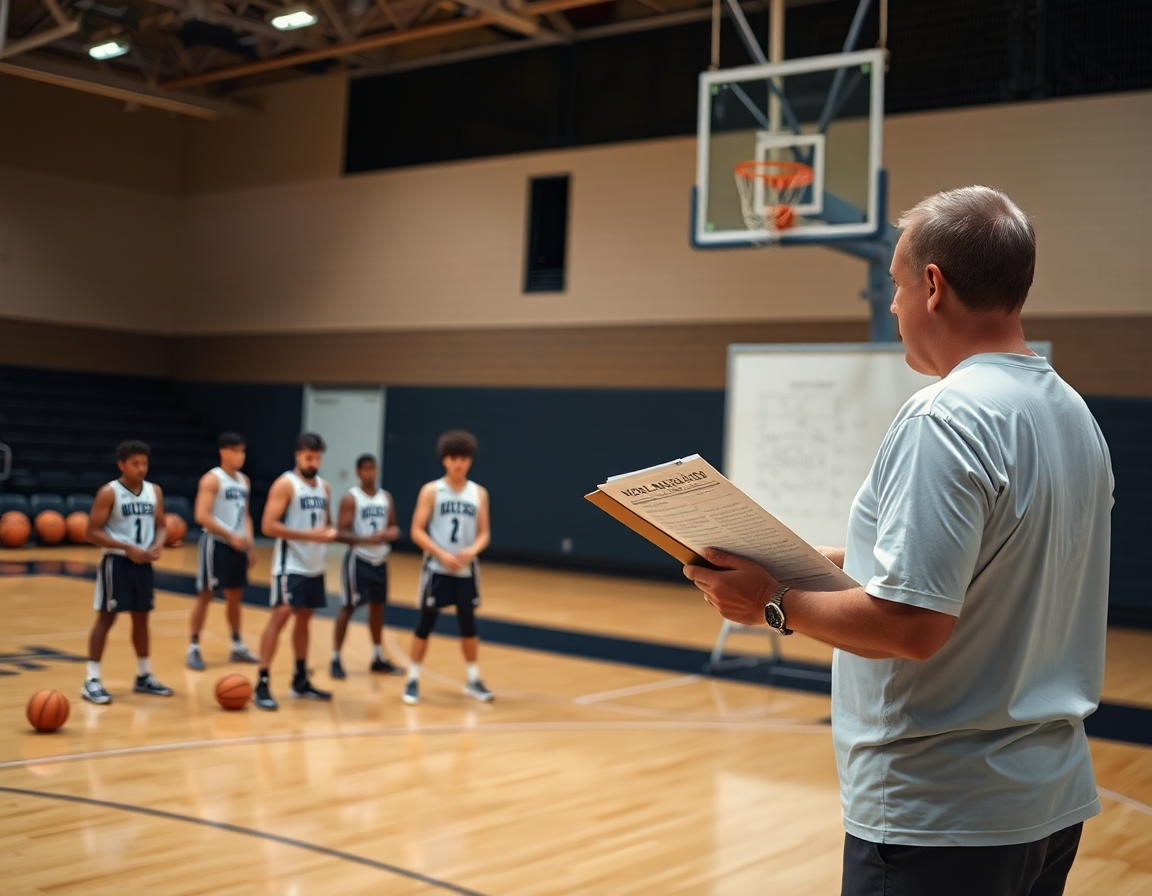 Scouting notes on clipboard guide basketball players studying opponent plays on the whiteboard during basketball practice.