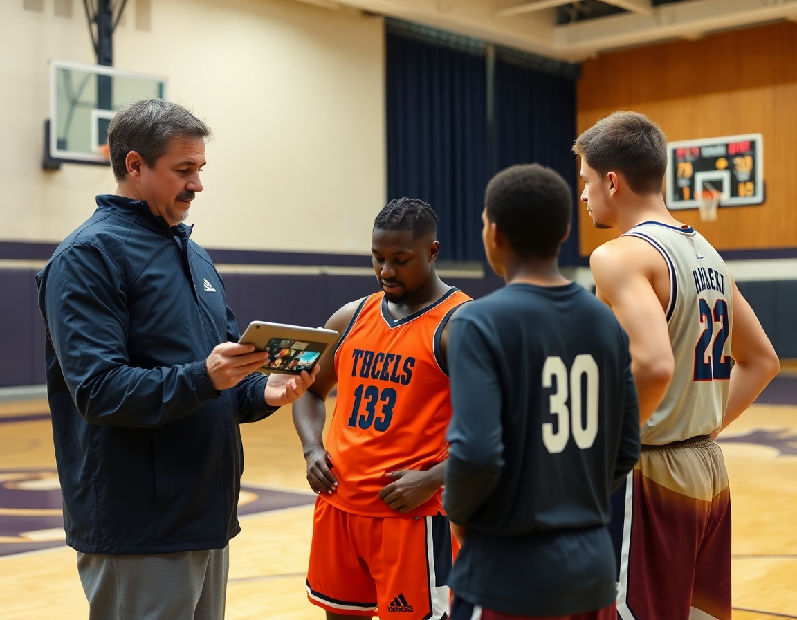 Video-driven session shows a basketball coach reviewing clips using a free basketball scouting report template on a tablet.