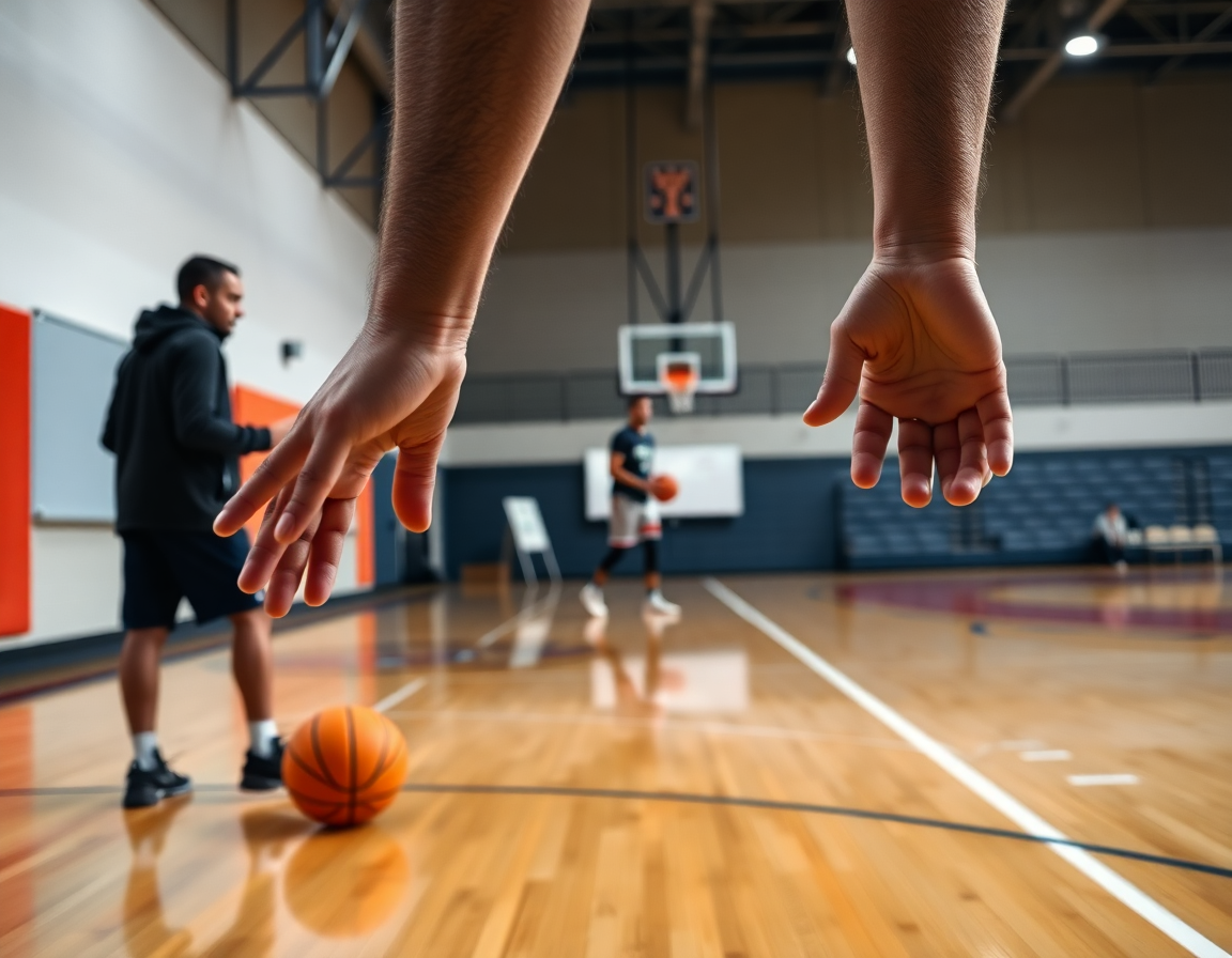 Close-up of a coach's hands guiding a solo basketball workout on court.