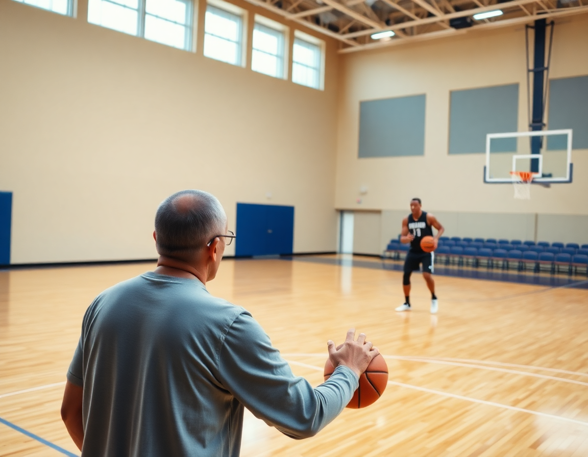 Coach demonstrates a 60-minute solo basketball workout blueprint on the bright court.