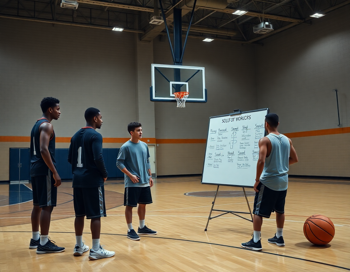 Players follow a coach-approved solo basketball workout plan on the court during practice.