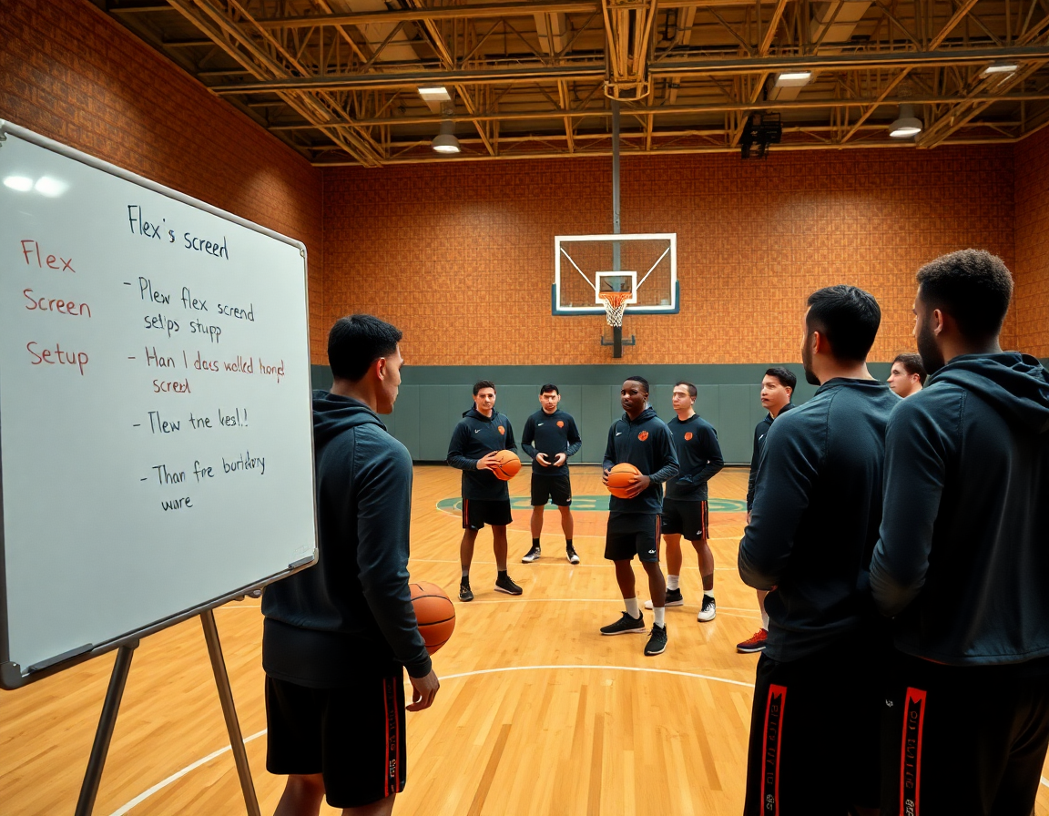 Coach explains what is a flex screen in basketball on the whiteboard as players listen.