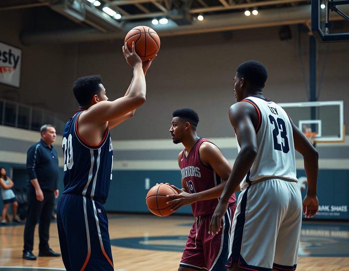 Two basketball players set a screen as the basketball handler reads a defender near the key.