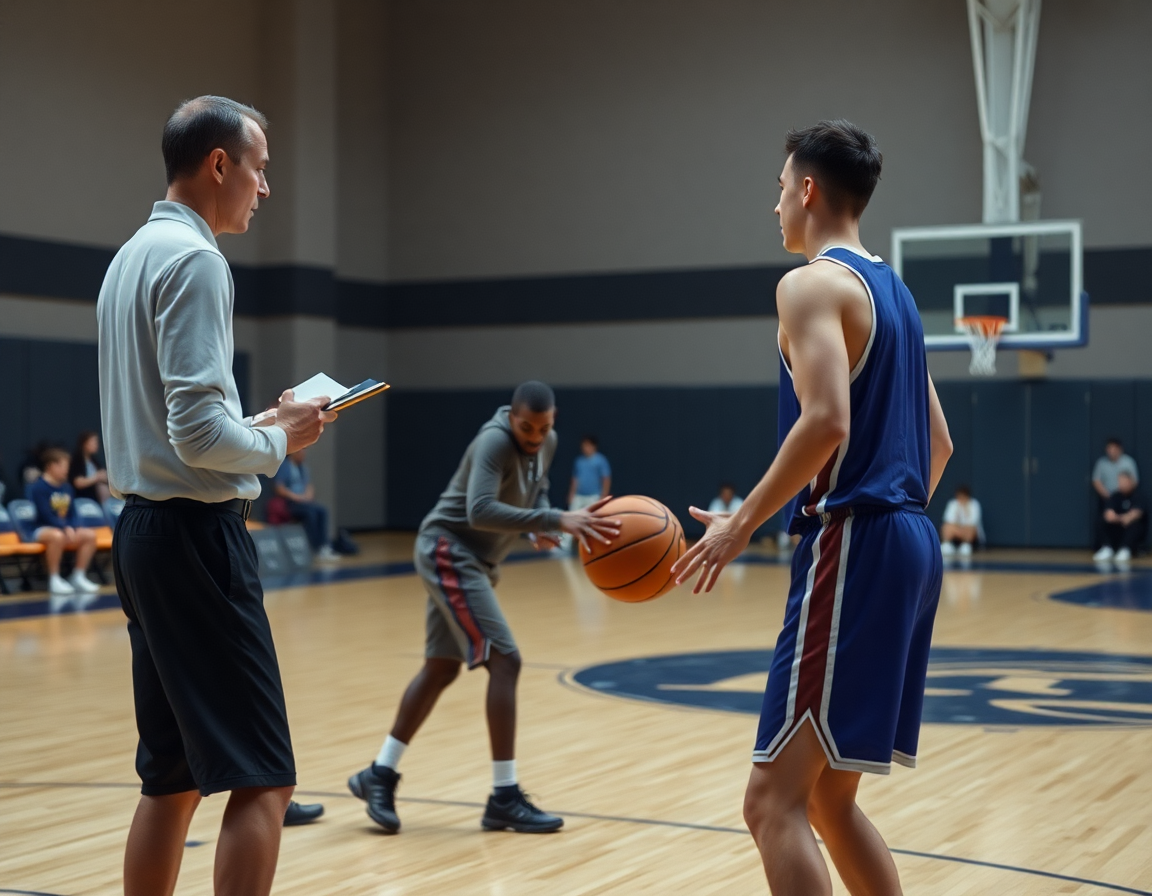 Two players guarding in basketball drill, coach notes matchups for better defense.