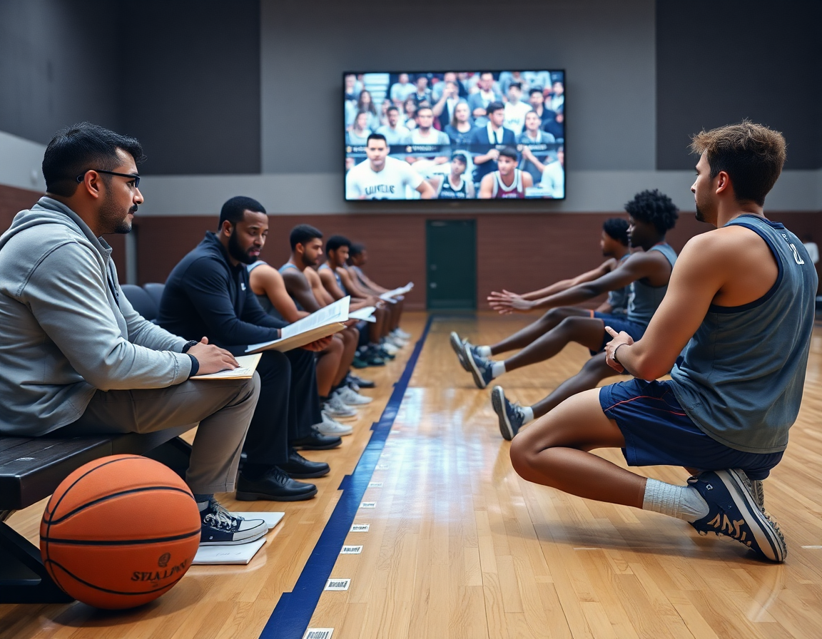 Alt: Youth basketball motion offense drills planning with video clips and scouting sheets on a bench near the court.