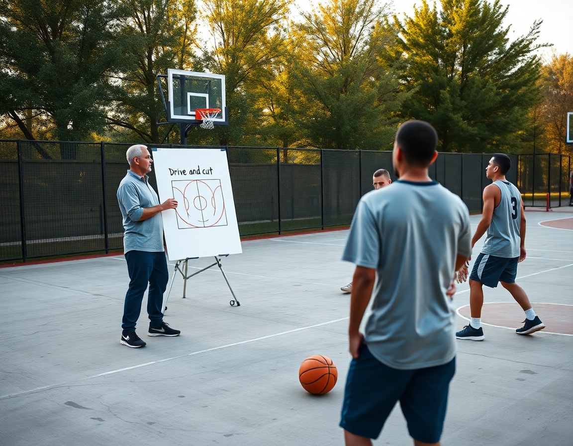 Tight shot of basketball offenses for youth drill with coach and players on outdoor court.