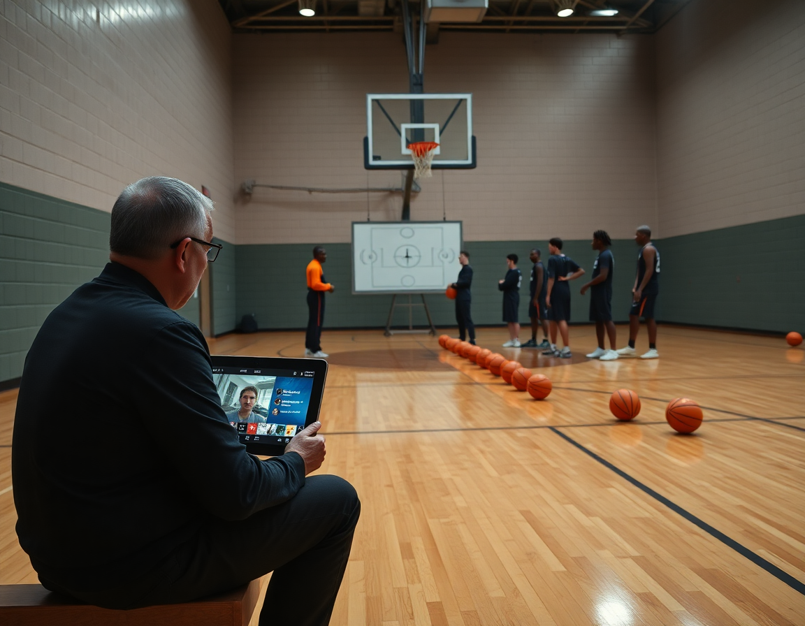 Coaches review basketball offenses for youth clips on a tablet beside the court.