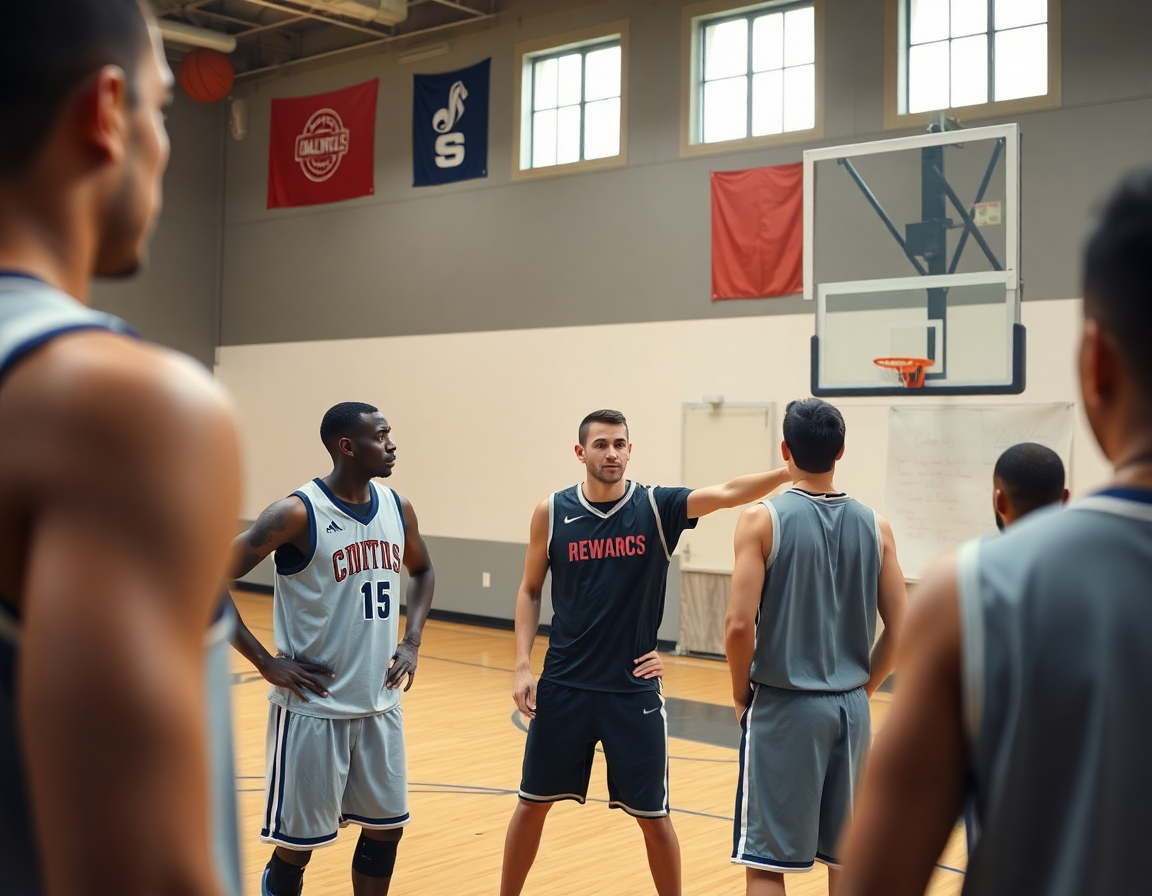 Close-up on players executing a basketball drill as the basketball coach points to a whiteboard with setup.