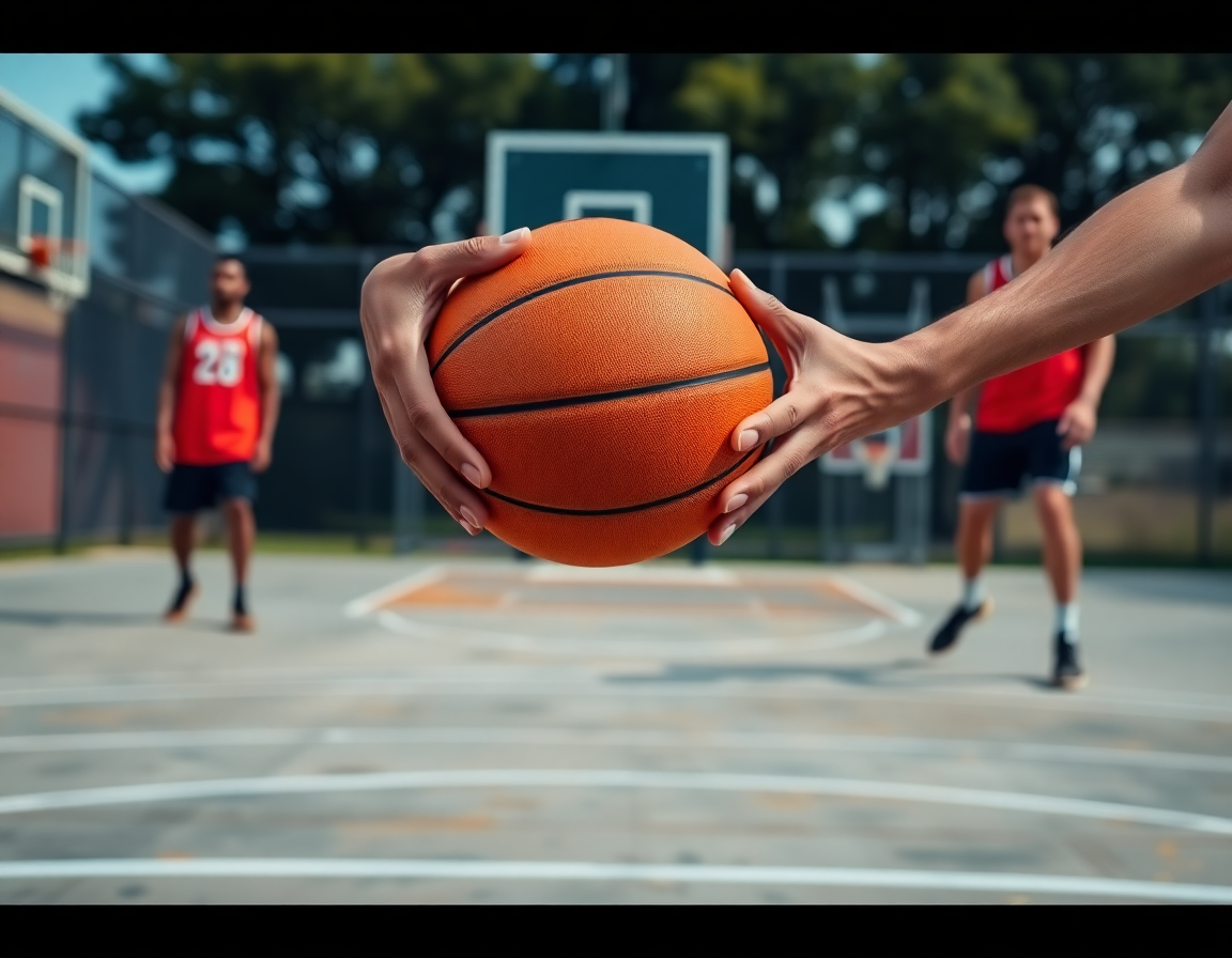Close-up on hands passing an orange basketball during a transition drill on a concrete outdoor basketball court.