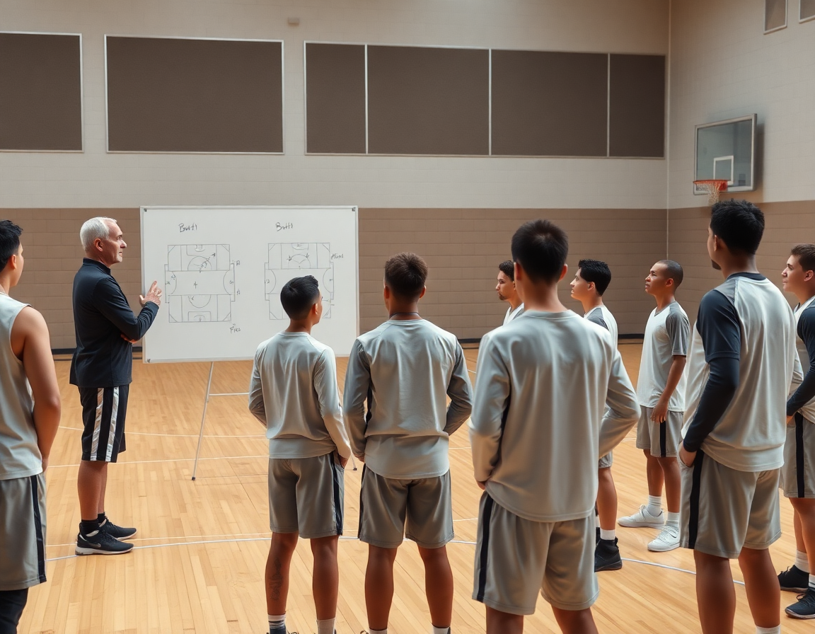 Coach explains basketball drills on a whiteboard as players watch the sketches on the basketball court.