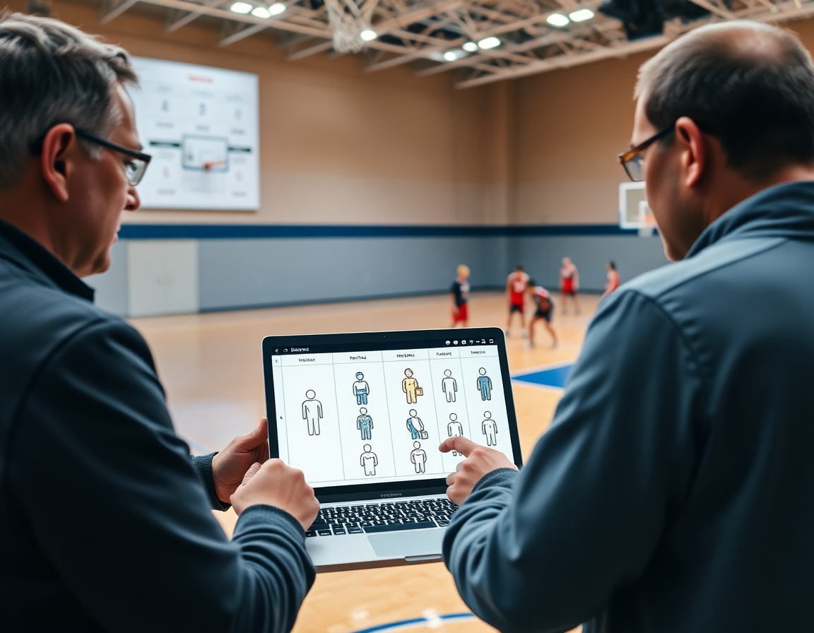 Coaches review scouting notes beside youth basketball practice plans templates on a plan board.