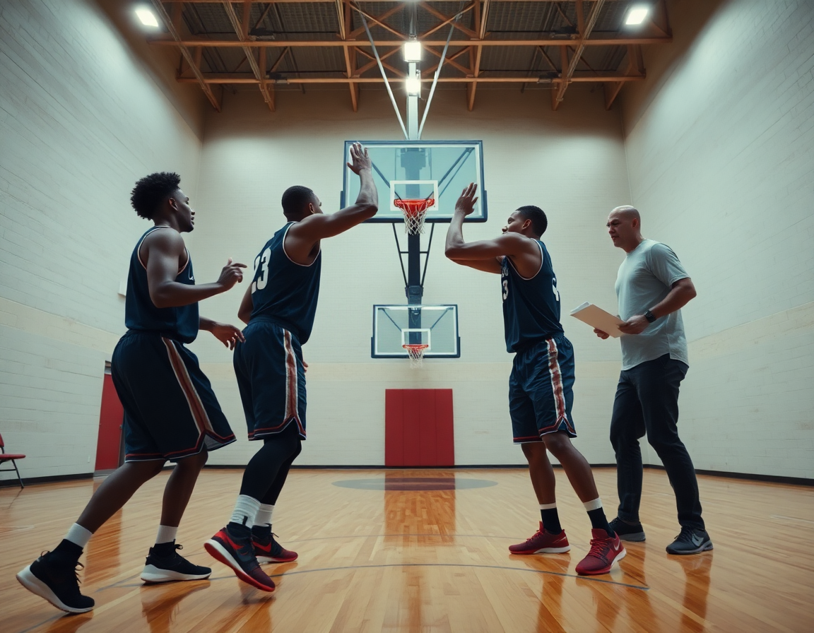 Close-up of two basketball players at the key during drills, youth basketball camp daily schedule pdf concept.