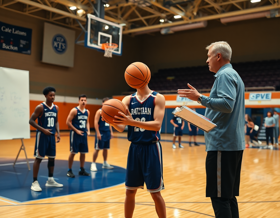 Primer plano de un jugador manejando el balón durante un entrenamiento de baloncesto en el gimnasio.