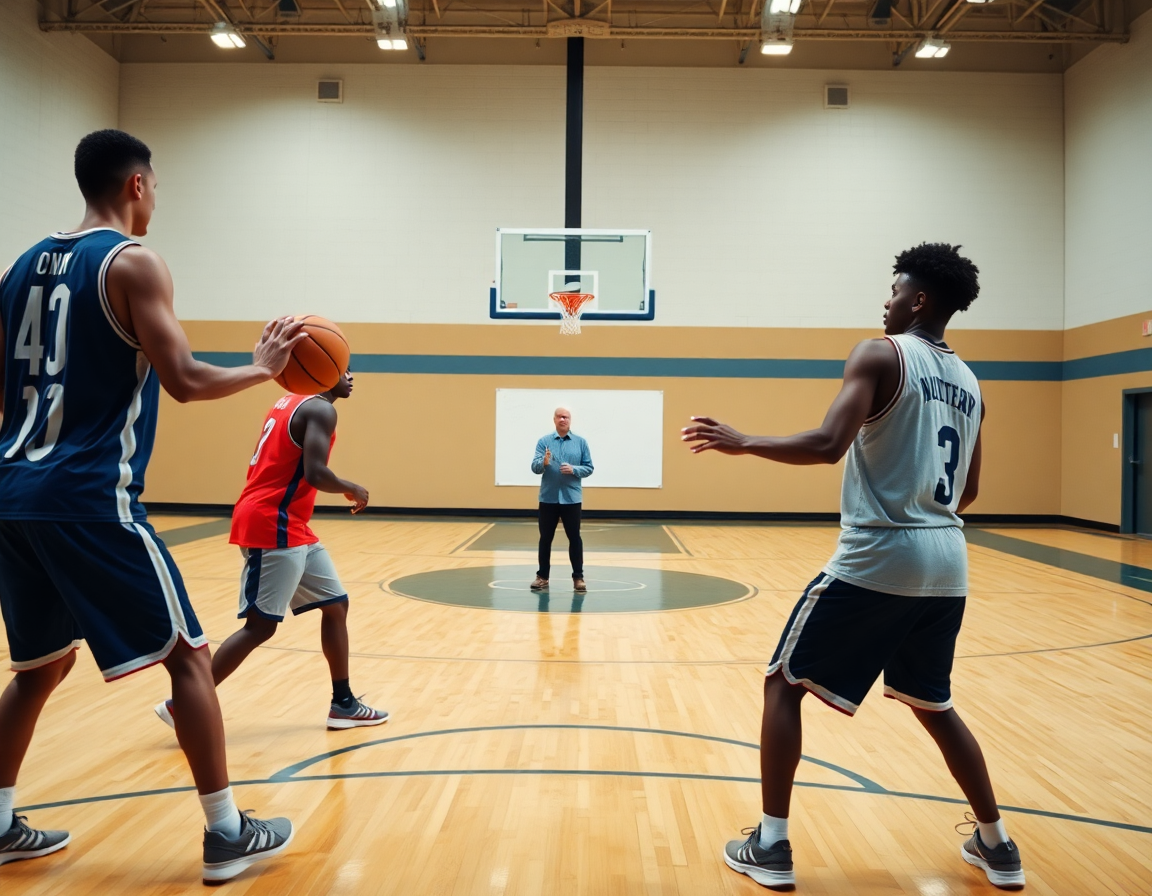 Dos jugadores practican posicionamiento y balón cerca de la línea de tres puntos en baloncesto.