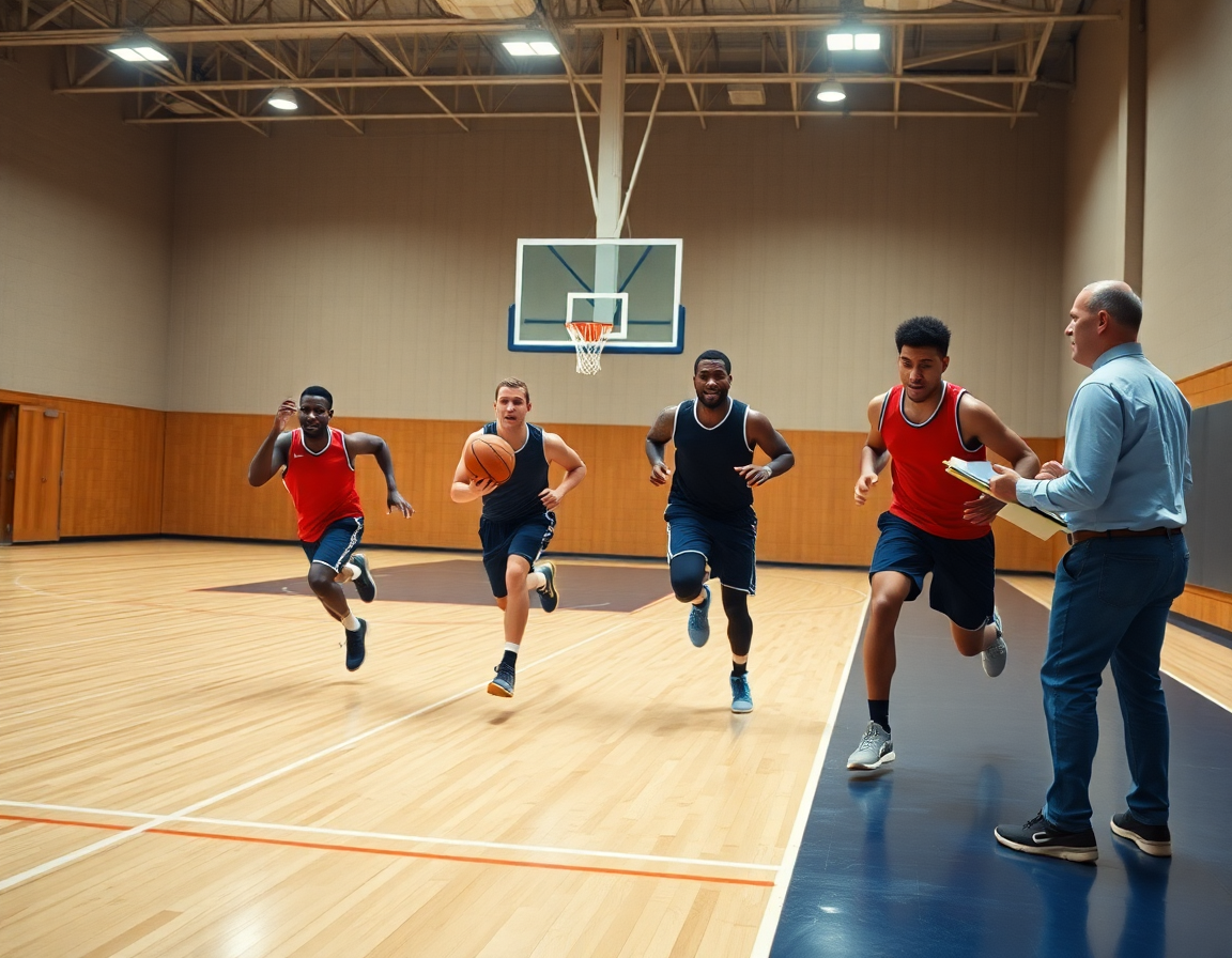 Tres jugadores corren una transición rápida en el gimnasio de baloncesto, bajo luces brillantes.