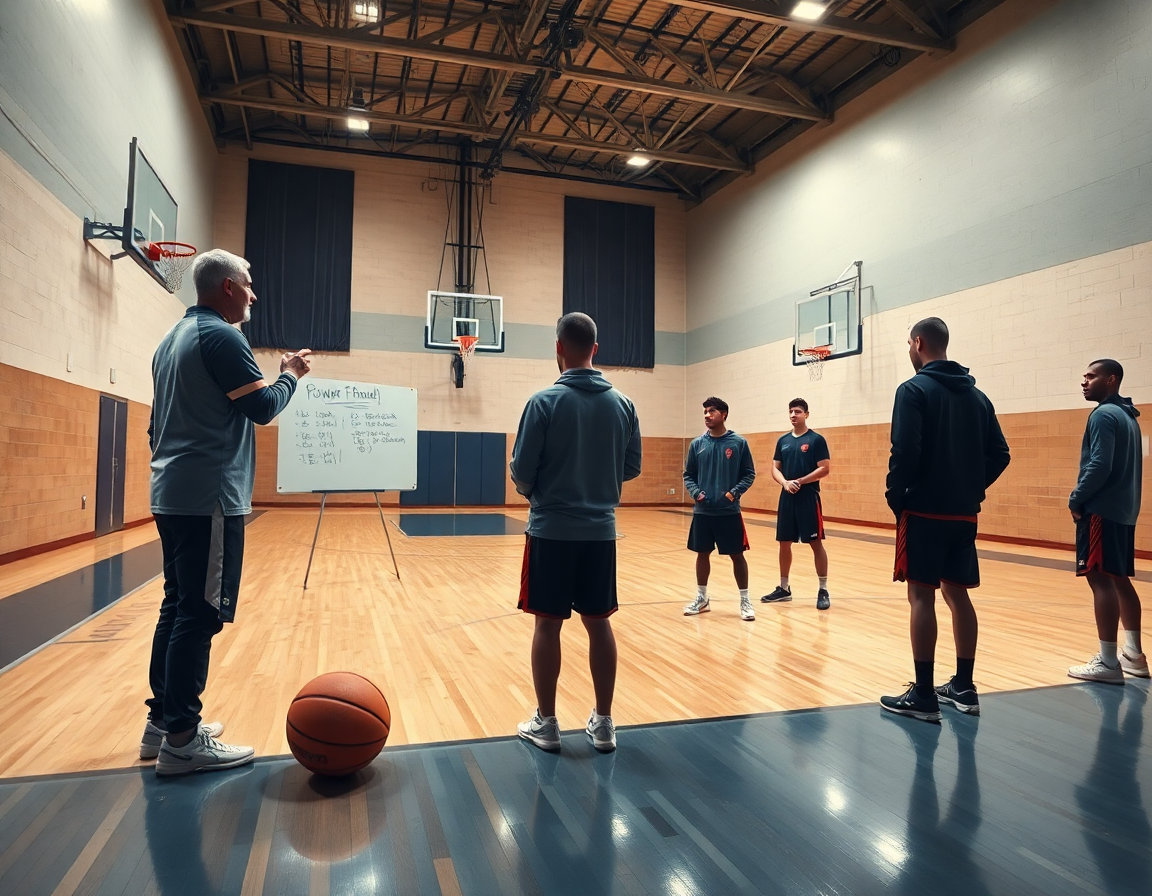 Entrenador desglosa el rol del ala pivot baloncesto que hace ante los jugadores atentos.