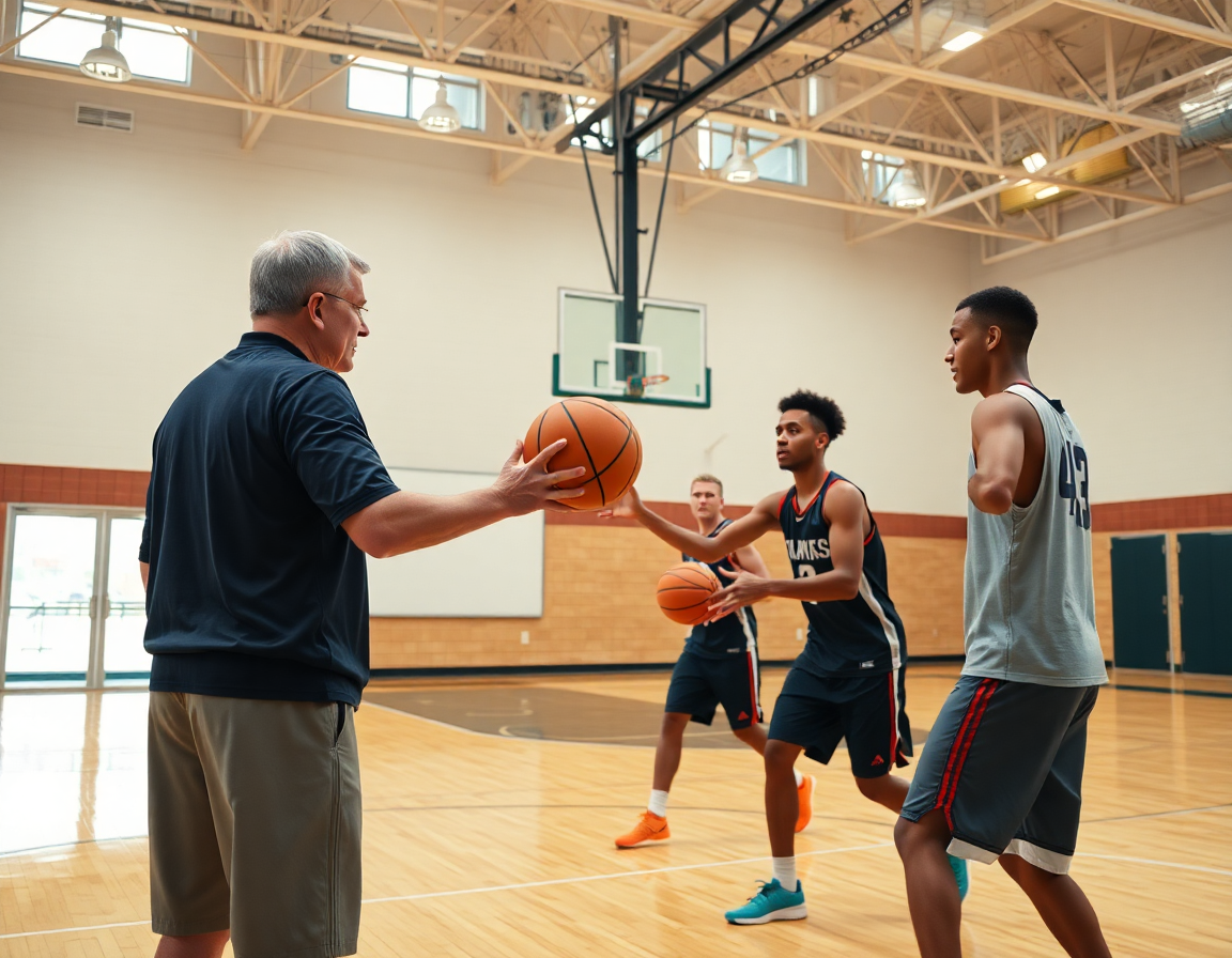 La ala pivot en baloncesto ejecuta un ejercicio interior-exterior mientras el entrenador señala.