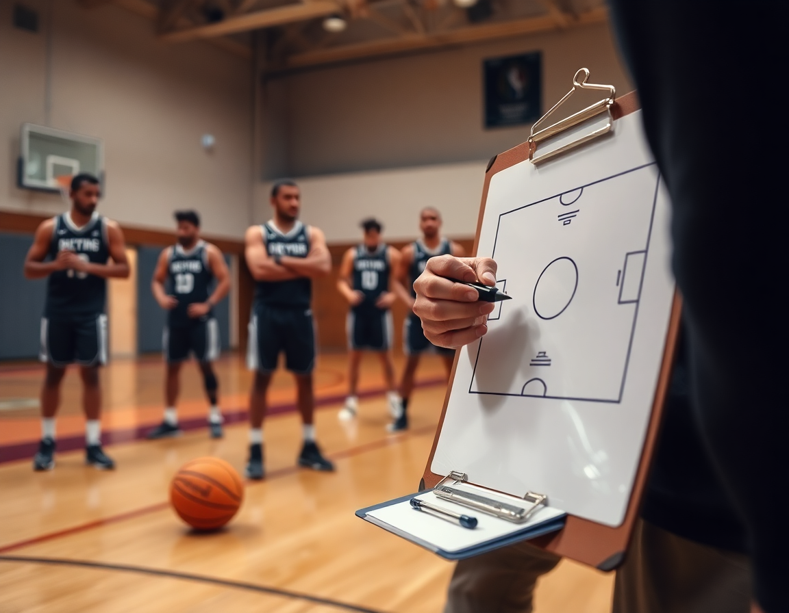 Primer plano del entrenador trazando jugada en pizarra para ala pivot en baloncesto.