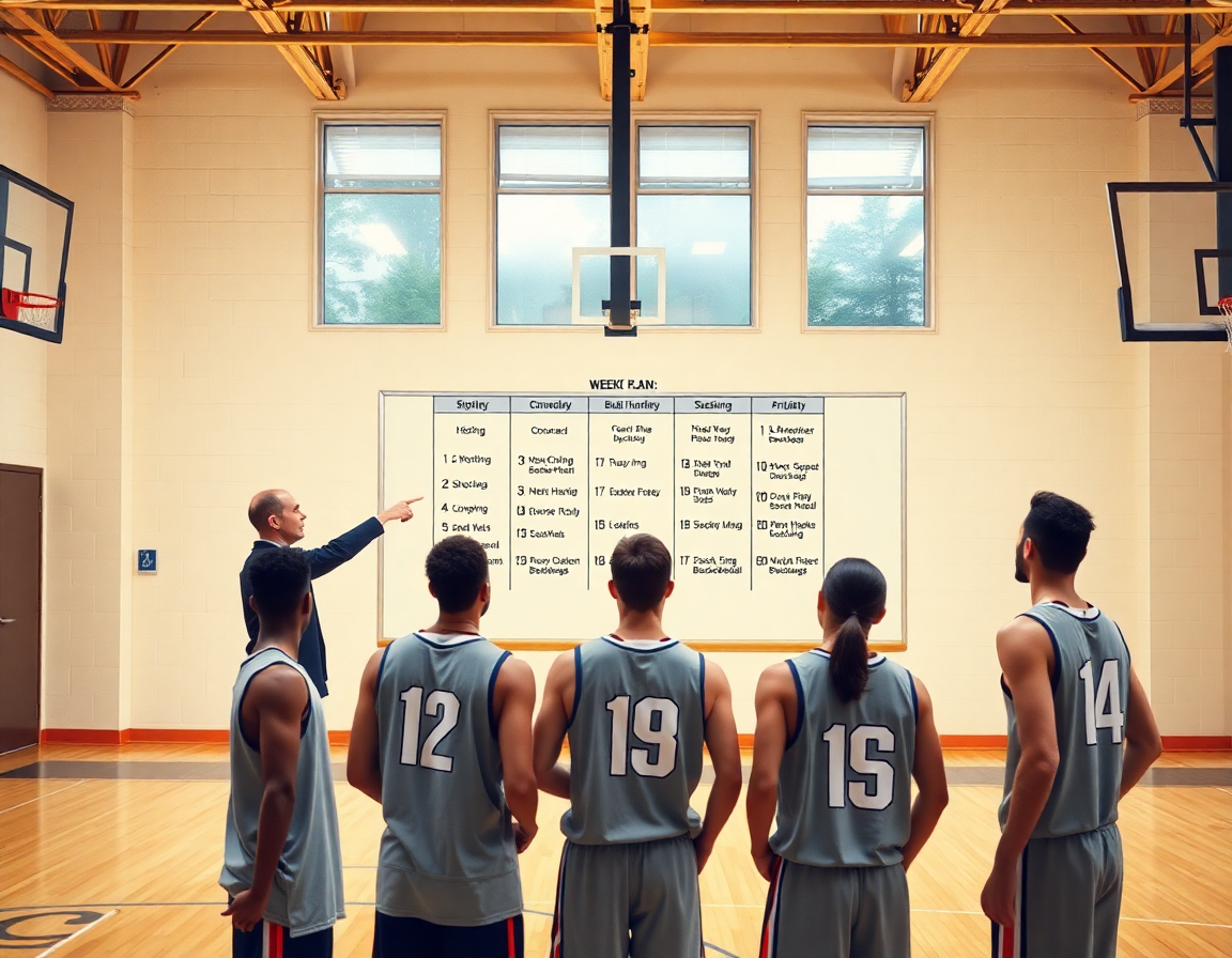 Plan semanal para alero en baloncesto: entrenamiento, tiro y manejo de balón en el gimnasio.