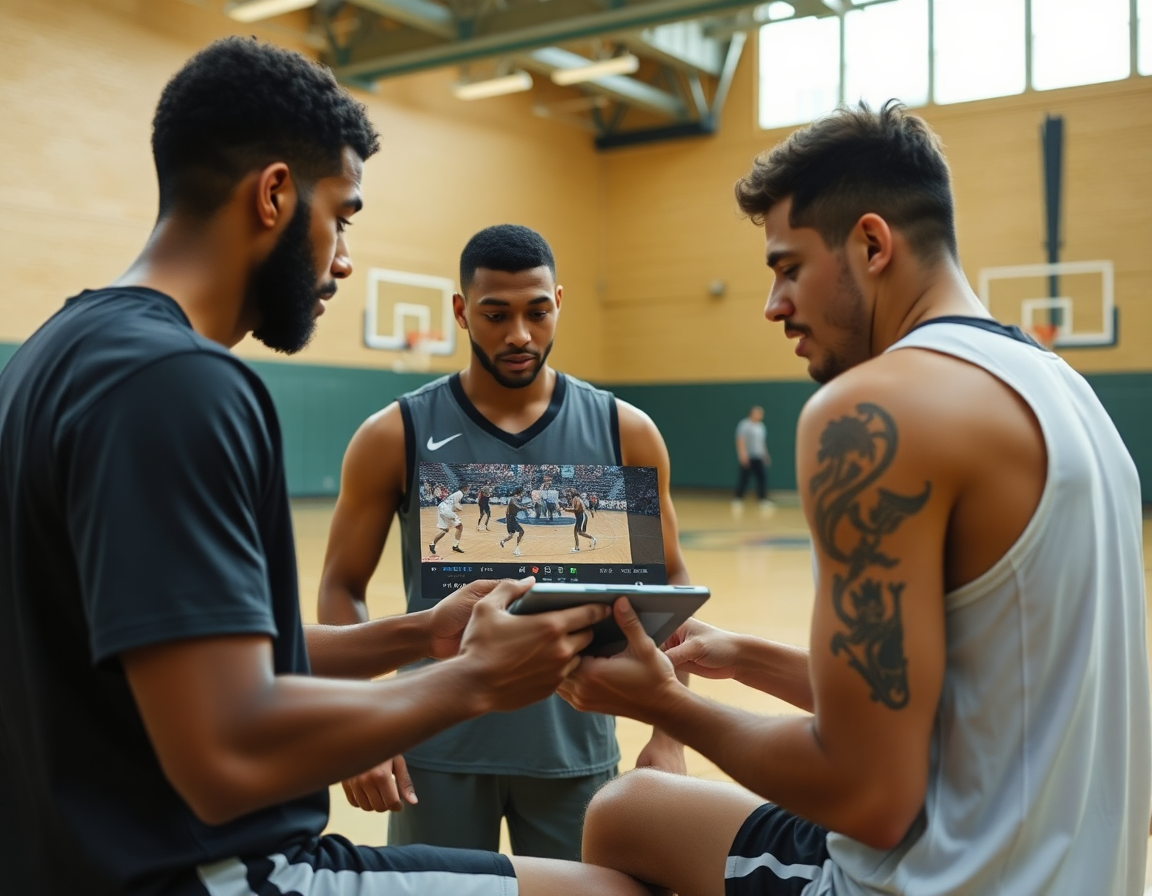 Video clips y análisis para alero en baloncesto: jugadores observan y aprenden desde la pantalla.