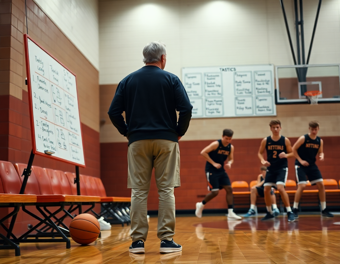 Entrenador y jugadores preparando ataque defensa baloncesto semanal frente a defensas, en una cancha real.