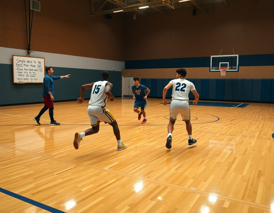 Dos jugadores ejecutan un pase rápido mientras el entrenador señala la jugada de ataque defensa baloncesto.